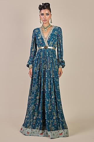 Prussian Blue Viscose Georgette Floral Printed Maxi Dress by JJV.Kapurthala By JJ Valaya Men