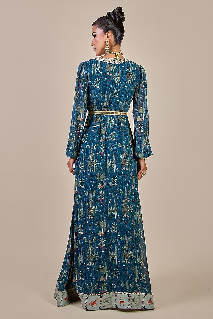 Prussian Blue Viscose Georgette Floral Printed Maxi Party Wear Dress by JJV.Kapurthala By JJ Valaya Men at Pernia's Pop Up Shop