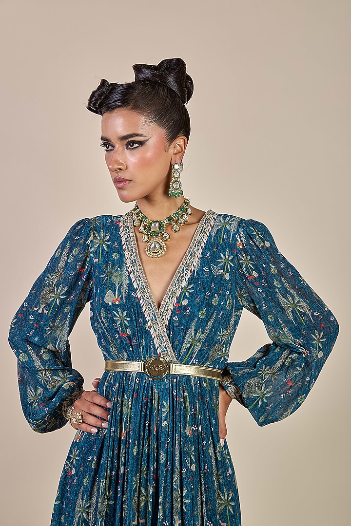 Prussian Blue Viscose Georgette Floral Printed Maxi Party Wear Dress by JJV.Kapurthala By JJ Valaya Men at Pernia's Pop Up Shop