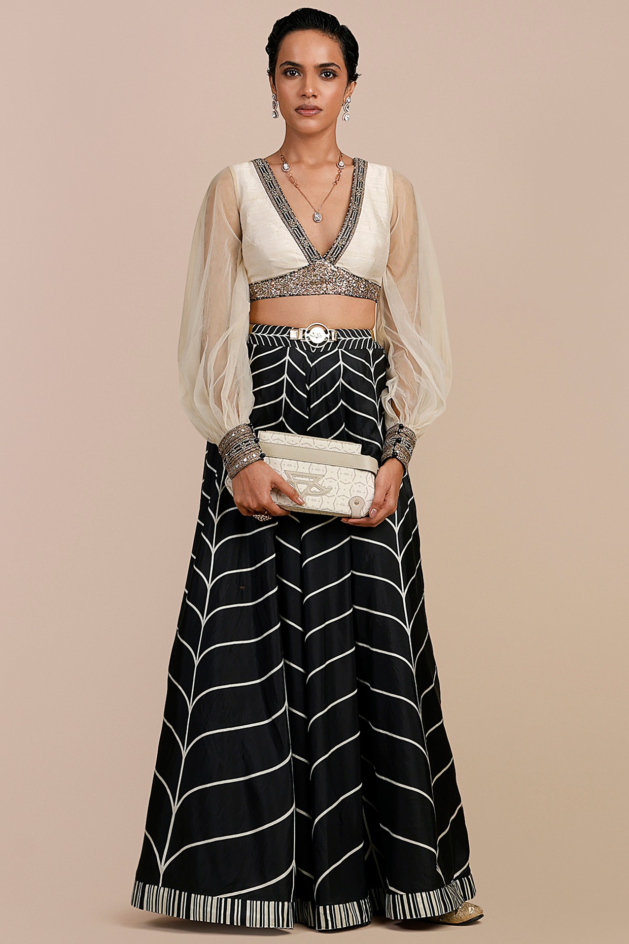 JJV.Kapurthala By JJ Valaya Black & Ivory Tulle Tulle Chevron Printed Sharara Set
