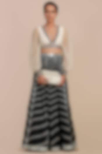 Black & Ivory Tulle Tulle Chevron Printed Bridal Sharara Set by JJV.Kapurthala By JJ Valaya at Pernia's Pop Up Shop