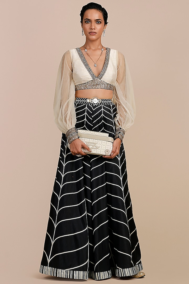 Black & Ivory Tulle Tulle Chevron Printed Bridal Sharara Set by JJV.Kapurthala By JJ Valaya at Pernia's Pop Up Shop