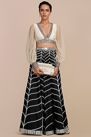 Black & Ivory Tulle Tulle Chevron Printed Sharara Set by JJV.Kapurthala By JJ Valaya