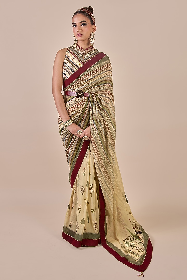 Multi-Colored Viscose Georgette Floral Printed Wedding Saree Set by JJV.Kapurthala By JJ Valaya at Pernia's Pop Up Shop