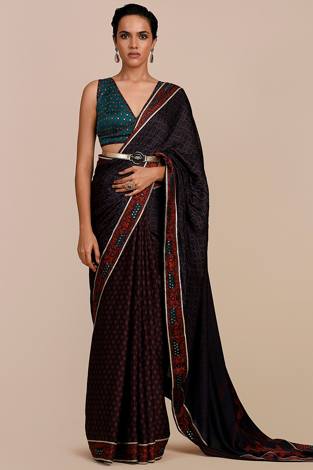 JJV.Kapurthala By JJ Valaya Mulberry Purple and Turquoise Blue Modal Satin Printed Saree Set