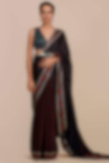 Mulberry Purple and Turquoise Blue Modal Satin Printed Wedding Saree Set by JJV.Kapurthala By JJ Valaya at Pernia's Pop Up Shop