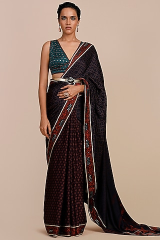 Mulberry Purple and Turquoise Blue Modal Satin Printed Saree Set by JJV.Kapurthala By JJ Valaya