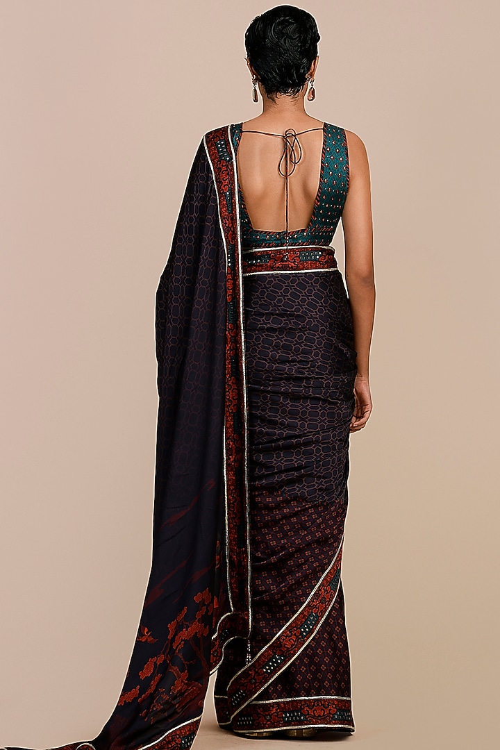 Mulberry Purple and Turquoise Blue Modal Satin Printed Wedding Saree Set by JJV.Kapurthala By JJ Valaya at Pernia's Pop Up Shop