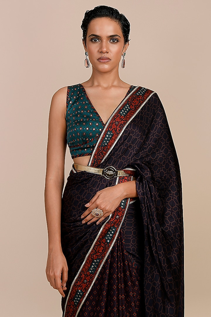 Mulberry Purple and Turquoise Blue Modal Satin Printed Wedding Saree Set by JJV.Kapurthala By JJ Valaya at Pernia's Pop Up Shop