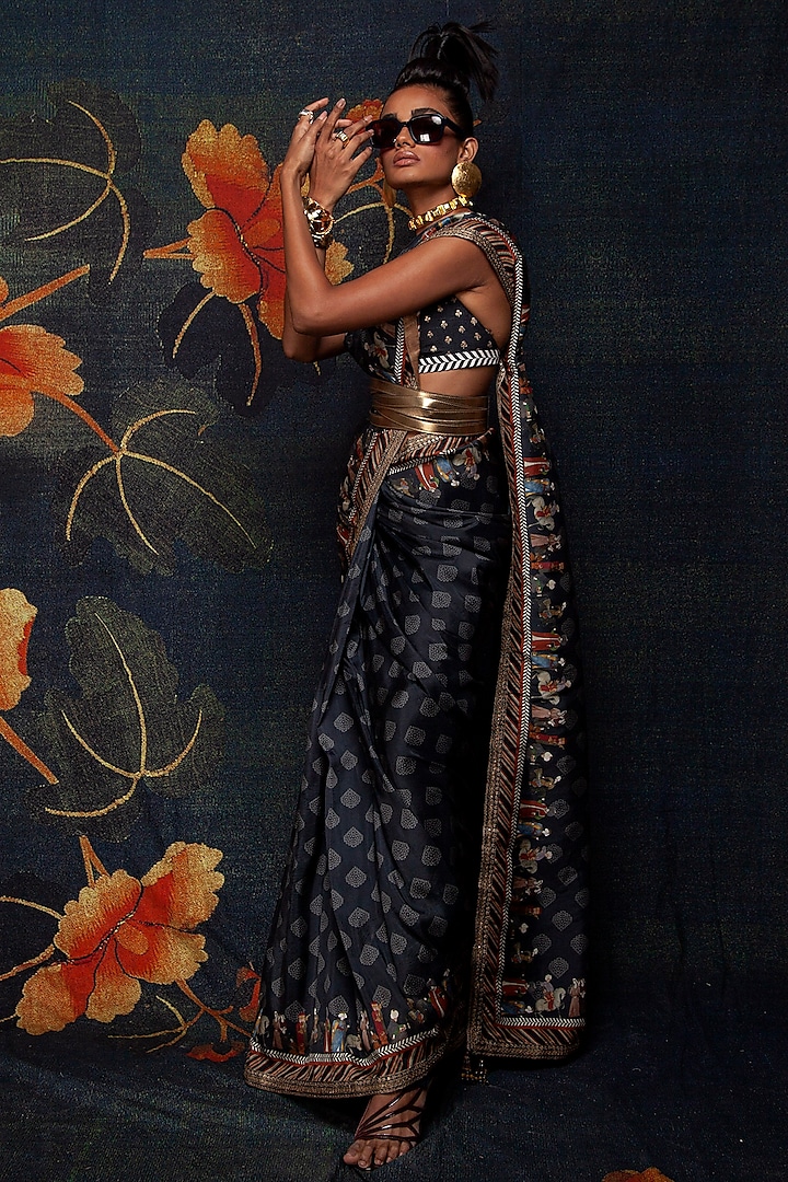 Midnight Blue Chanderi Silk Saree Set by JJV.Kapurthala By JJ Valaya