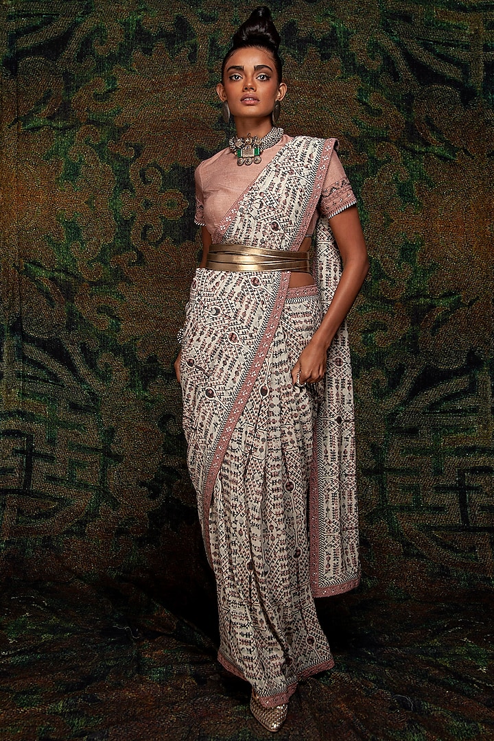 Multi-Colored Georgette Blend Printed Saree Set by JJV.Kapurthala By JJ Valaya