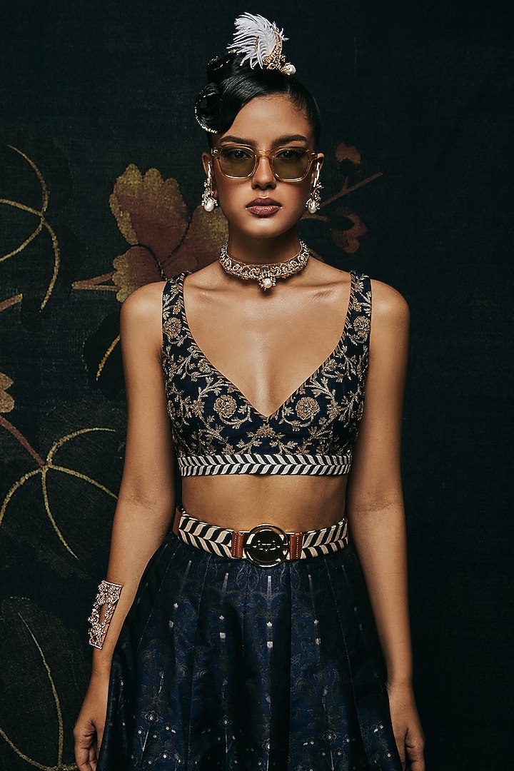 Navy Blue Poly Dupion Printed Wedding Lehenga Set by JJV.Kapurthala By JJ Valaya at Pernia's Pop Up Shop