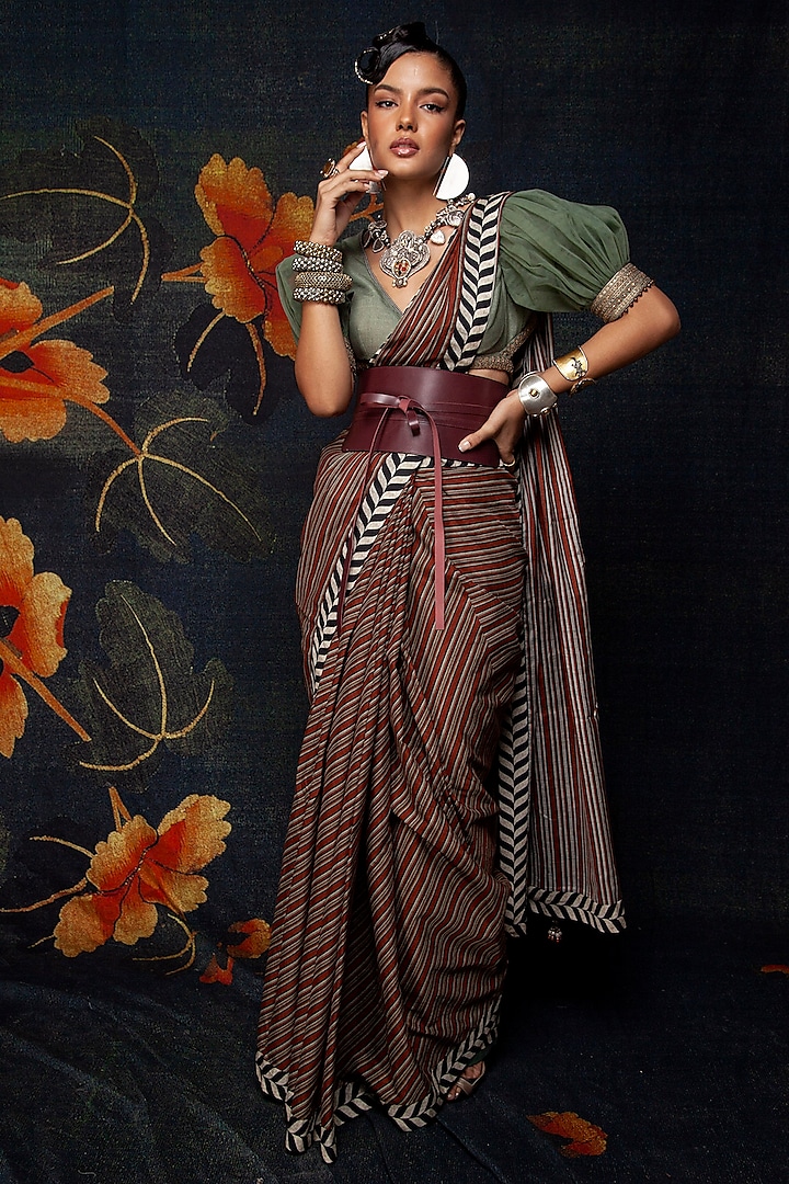 Multi-Colored Chanderi Silk Striped Saree Set by JJV.Kapurthala By JJ Valaya