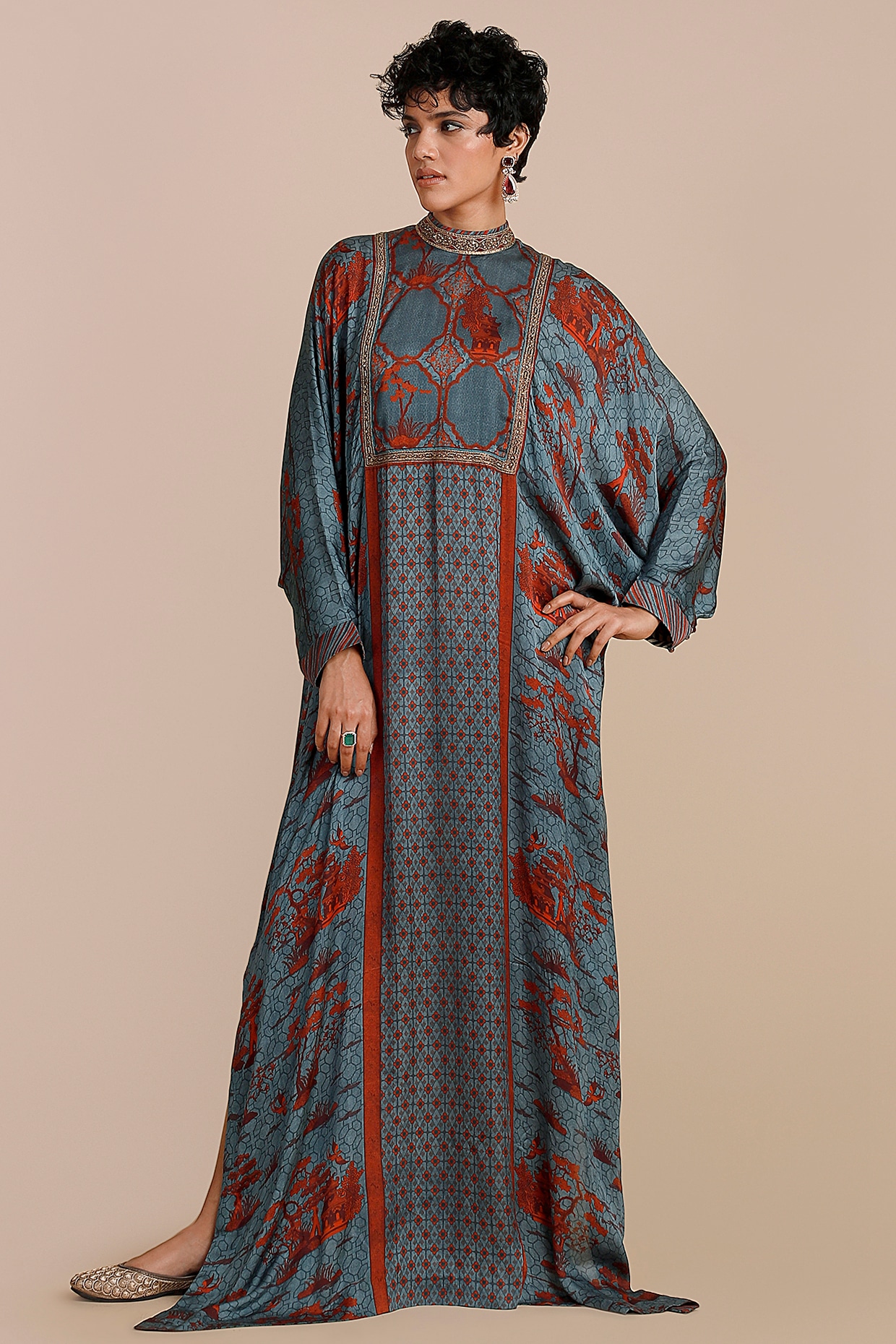 JJV.Kapurthala By JJ Valaya Cerulean Blue Modal Satin Embellished Kaftan
