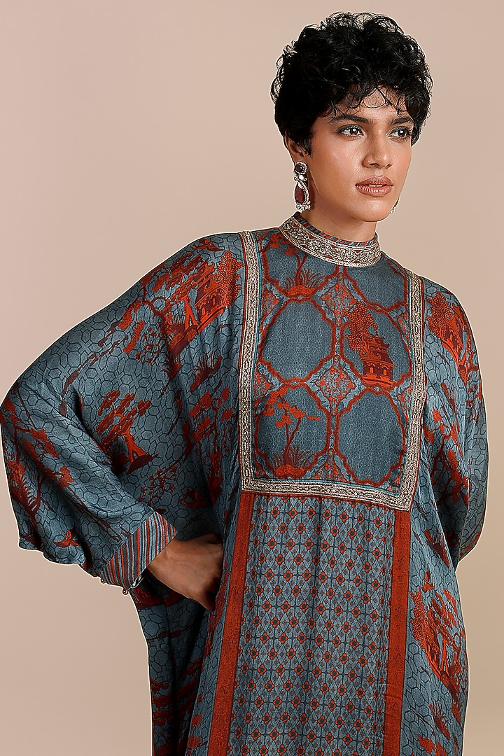 Cerulean Blue Modal Satin Embellished Kaftan by JJV.Kapurthala By JJ Valaya at Pernia's Pop Up Shop