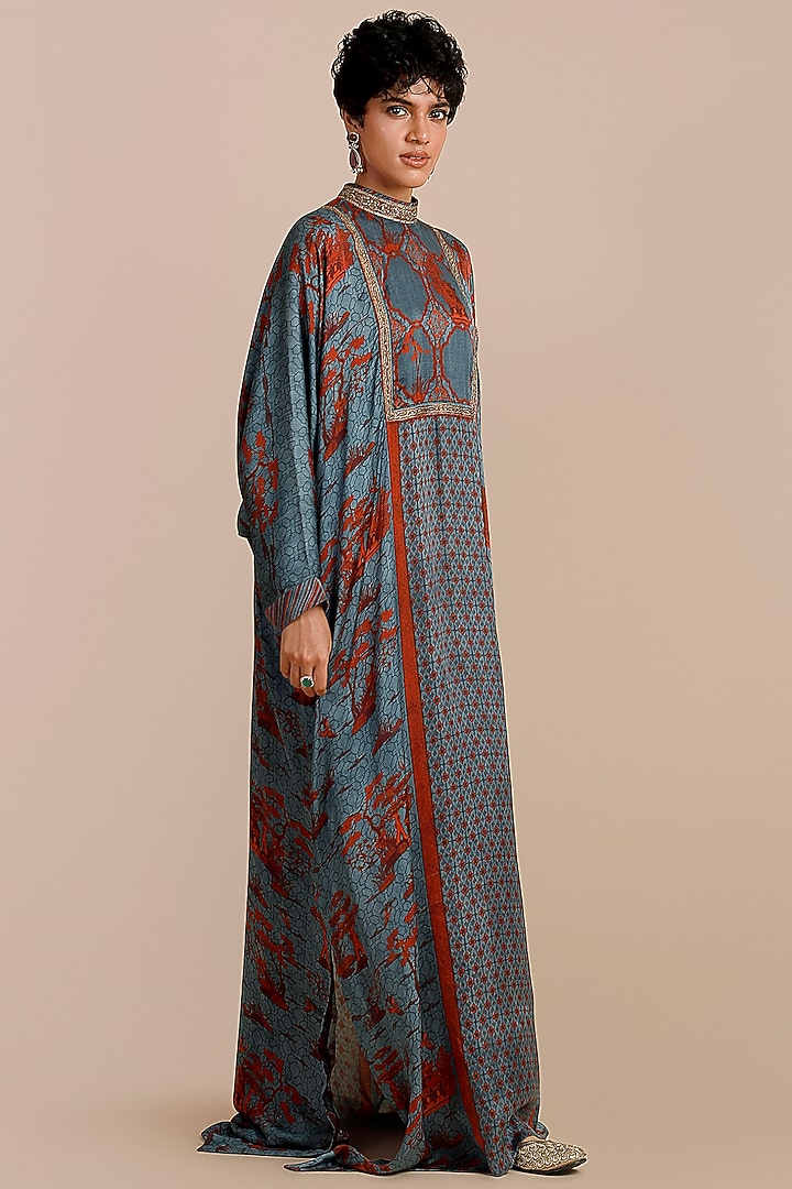 Cerulean Blue Modal Satin Embellished Kaftan by JJV.Kapurthala By JJ Valaya at Pernia's Pop Up Shop