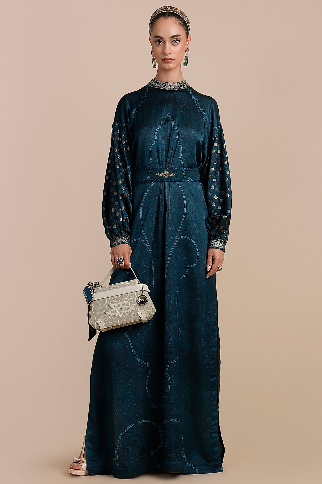 JJV.Kapurthala By JJ Valaya Teal Blue Modal Satin Embellished Kaftan