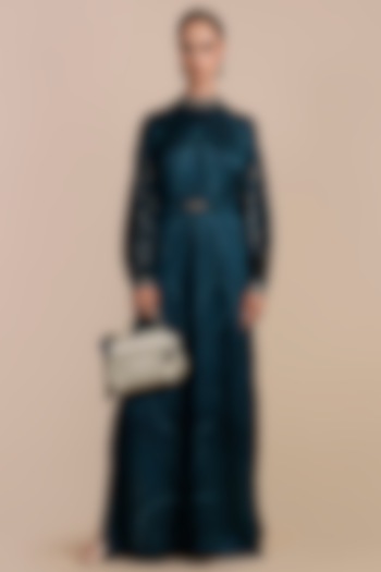 Teal Blue Modal Satin Embellished Kaftan by JJV.Kapurthala By JJ Valaya at Pernia's Pop Up Shop