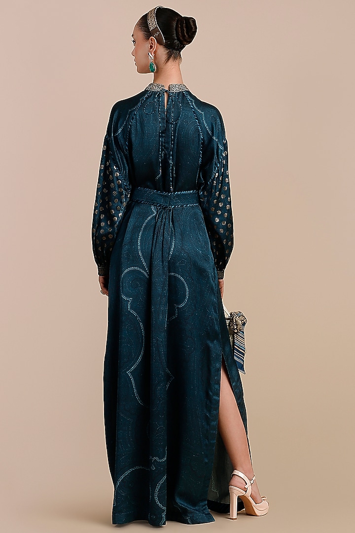 Teal Blue Modal Satin Embellished Kaftan by JJV.Kapurthala By JJ Valaya at Pernia's Pop Up Shop