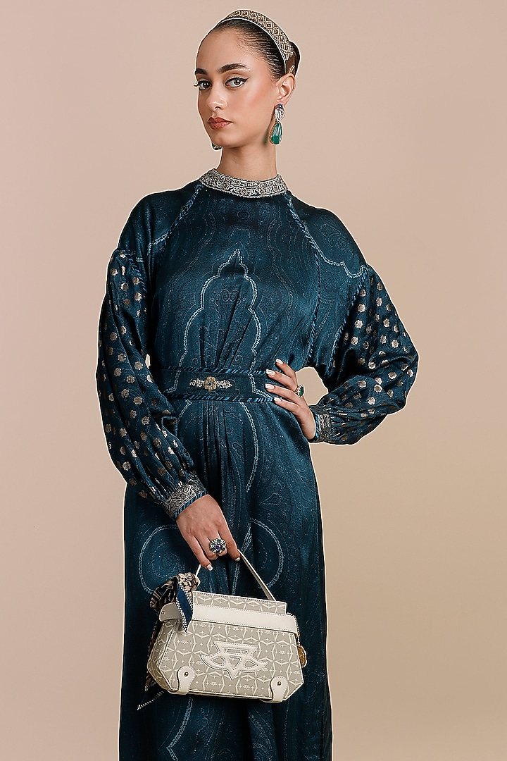 Teal Blue Modal Satin Embellished Kaftan by JJV.Kapurthala By JJ Valaya at Pernia's Pop Up Shop