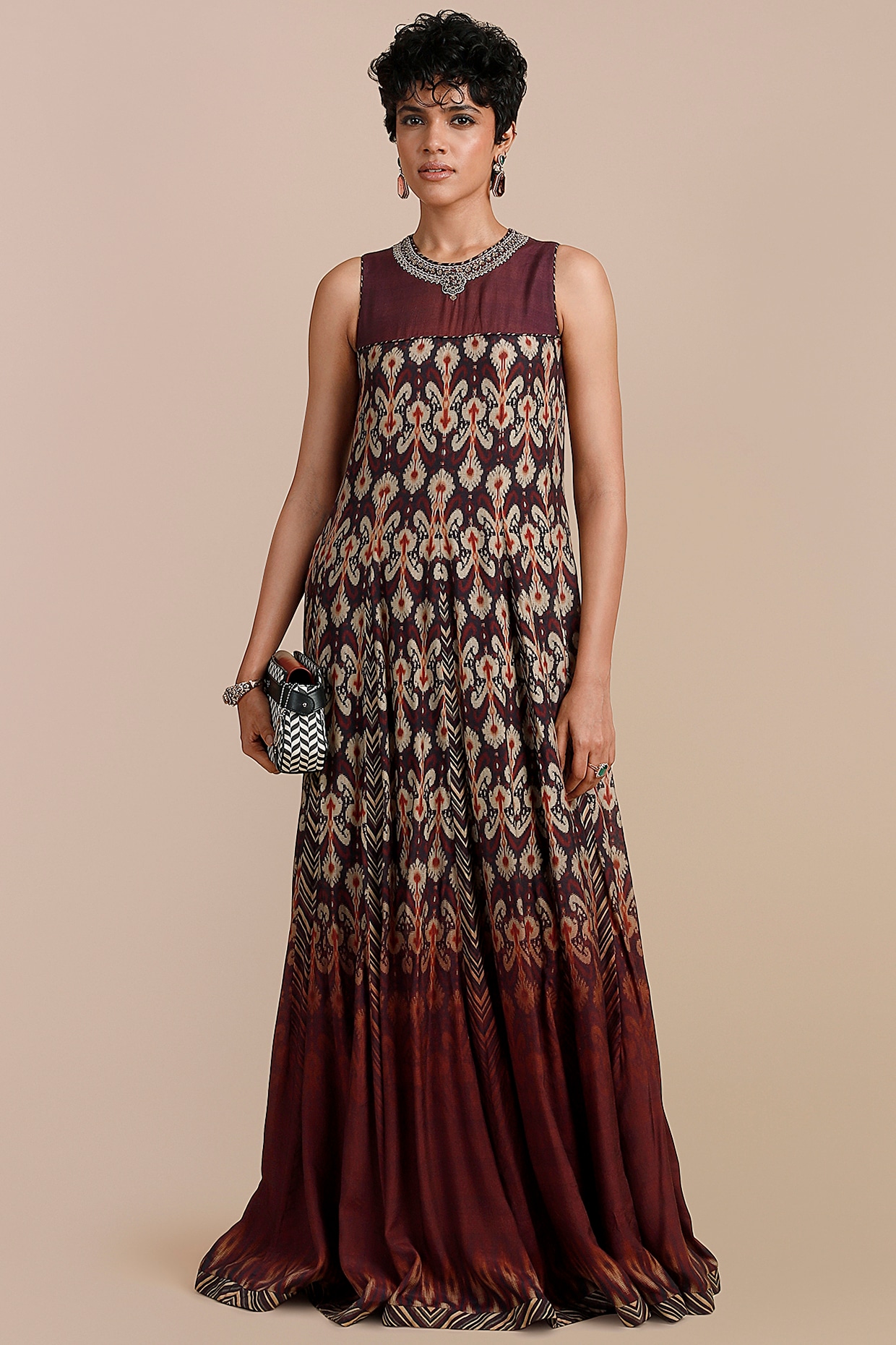 JJV.Kapurthala By JJ Valaya Mulberry Purple Ikat Printed & Embellished Anarkali