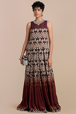 Mulberry Purple Ikat Printed & Embellished Anarkali by JJV.Kapurthala By JJ Valaya
