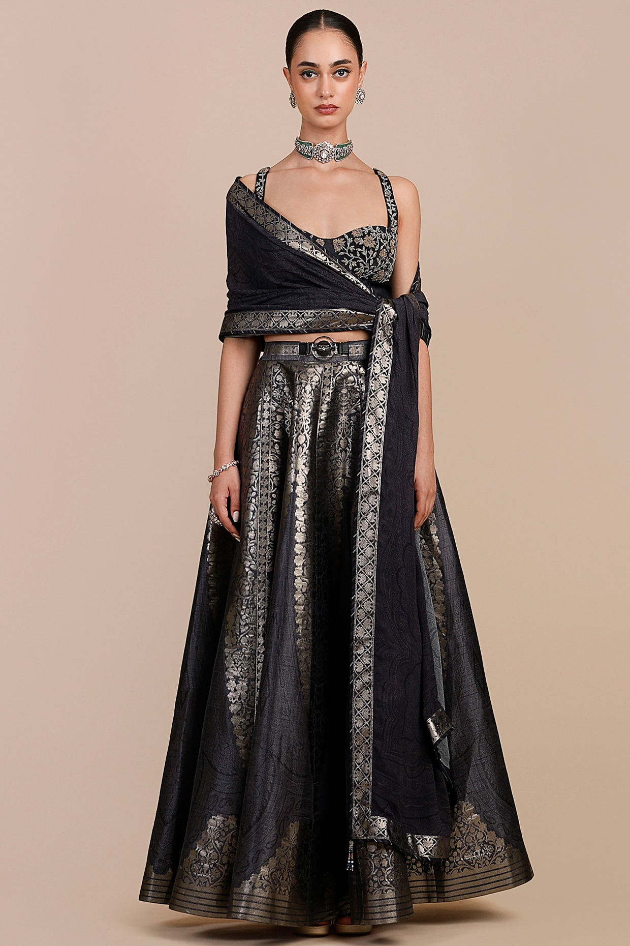 JJV.Kapurthala By JJ Valaya Navy Blue Synthetic Silk Embellished Skirt Set