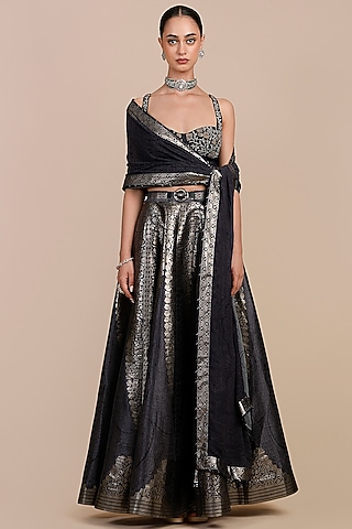 Navy Blue Synthetic Silk Embellished Skirt Set by JJV.Kapurthala By JJ Valaya