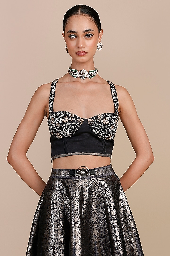 Navy Blue Synthetic Silk Embellished Skirt Set by JJV.Kapurthala By JJ Valaya at Pernia's Pop Up Shop