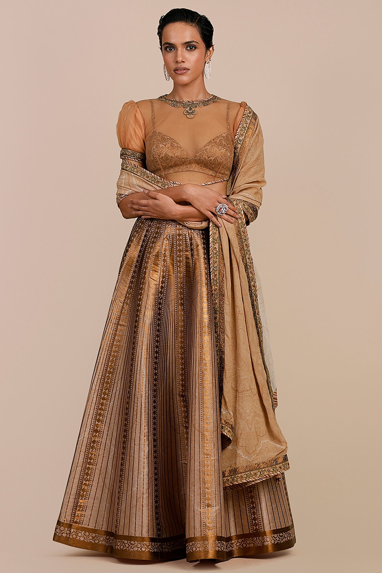 JJV.Kapurthala By JJ Valaya Blush Ivory Synthetic Silk Embellished Skirt Set