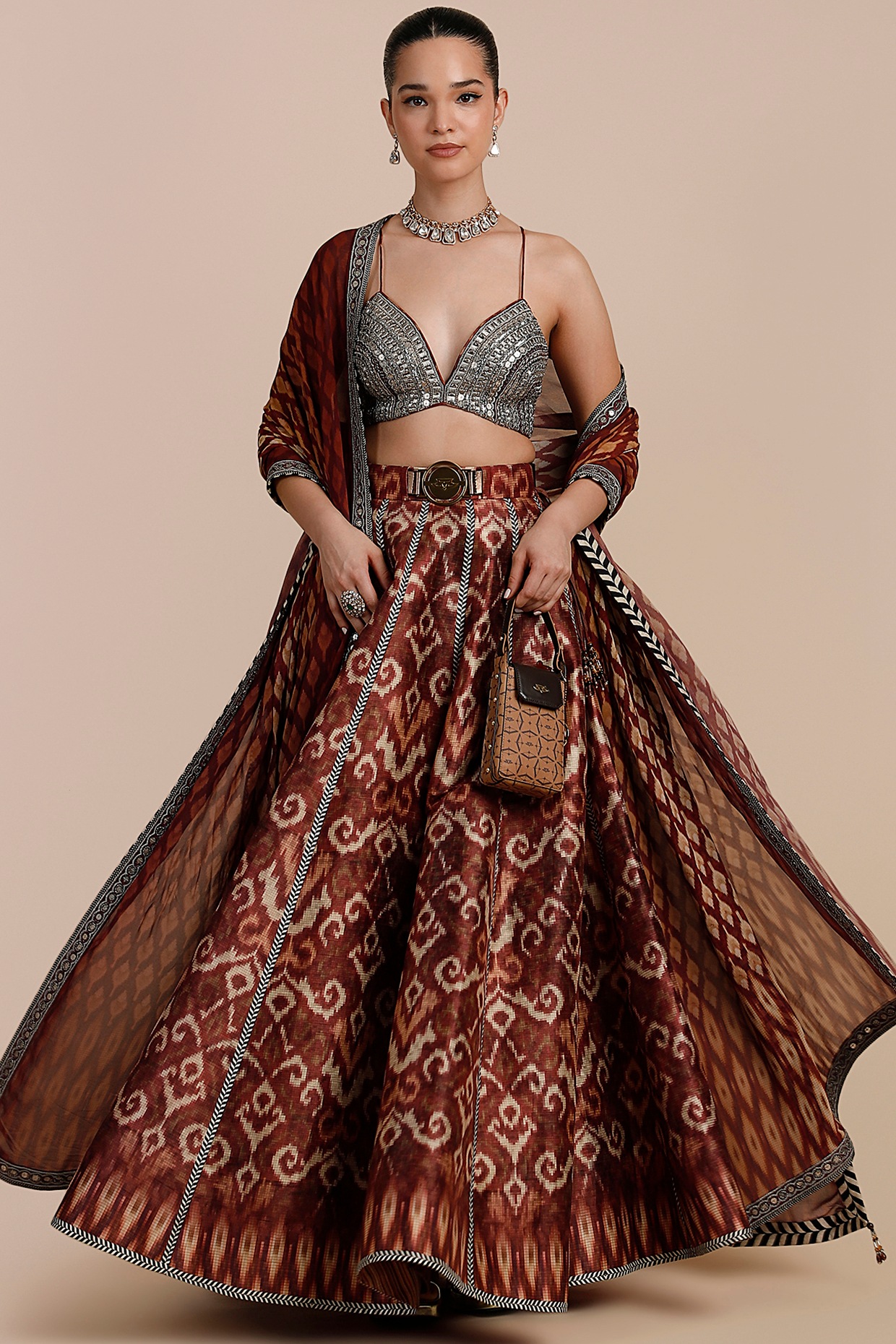 JJV.Kapurthala By JJ Valaya Rust Orange Synthetic Silk Embellished Skirt Set