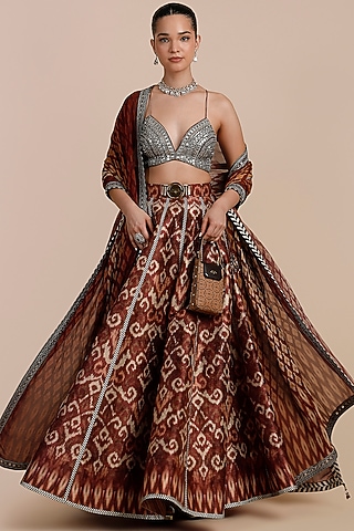 Rust Orange Synthetic Silk Embellished Skirt Set by JJV.Kapurthala By JJ Valaya