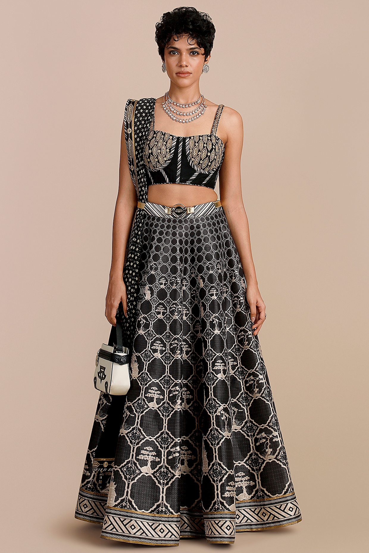 JJV.Kapurthala By JJ Valaya Black & Pearl Ivory Synthetic Silk Embellished Skirt Set