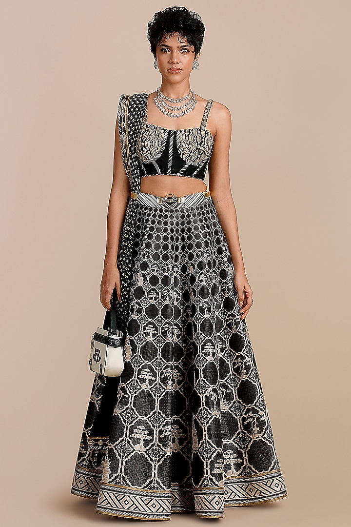 Black & Pearl Ivory Synthetic Silk Embellished Skirt Set by JJV.Kapurthala By JJ Valaya at Pernia's Pop Up Shop