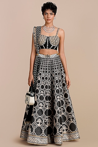 Black & Pearl Ivory Synthetic Silk Embellished Skirt Set by JJV.Kapurthala By JJ Valaya