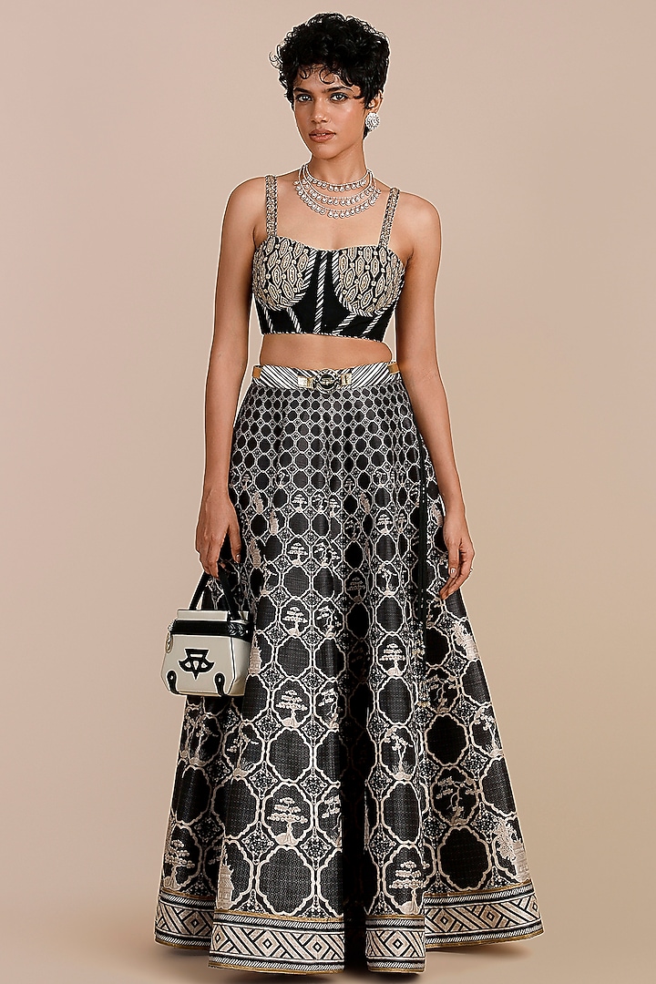 Black & Pearl Ivory Synthetic Silk Embellished Skirt Set by JJV.Kapurthala By JJ Valaya at Pernia's Pop Up Shop