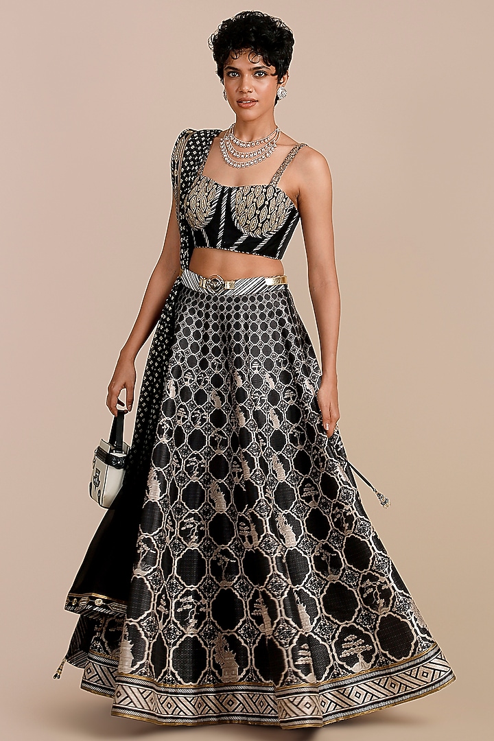 Black & Pearl Ivory Synthetic Silk Embellished Skirt Set by JJV.Kapurthala By JJ Valaya at Pernia's Pop Up Shop