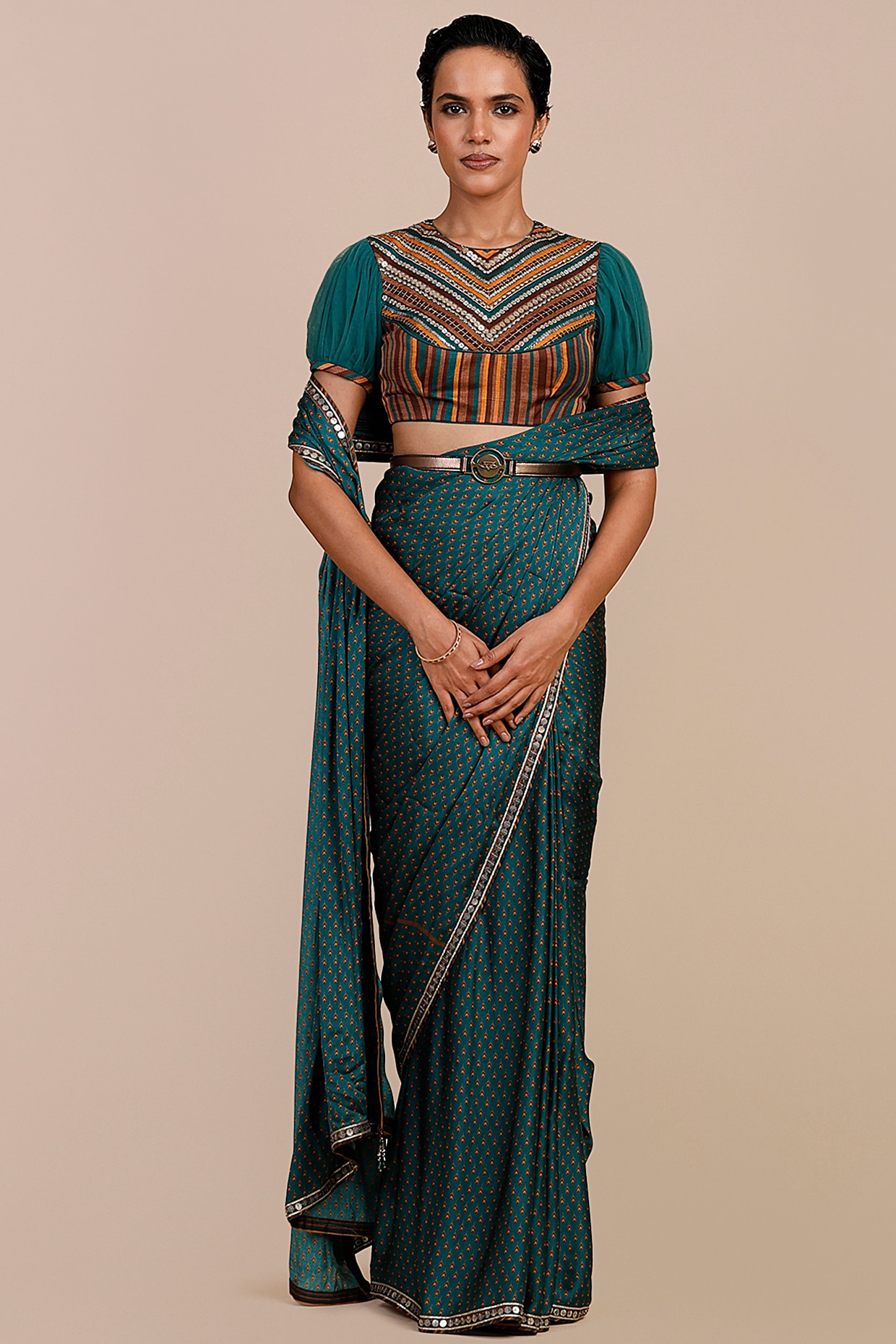 JJV.Kapurthala By JJ Valaya Teal Green & Mustard Yellow Modal Satin Printed Saree Set