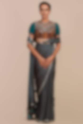 Teal Green & Mustard Yellow Modal Satin Printed Reception Saree Set by JJV.Kapurthala By JJ Valaya at Pernia's Pop Up Shop