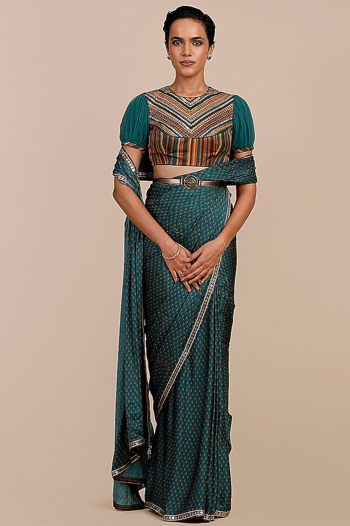 Teal Green & Mustard Yellow Modal Satin Printed Reception Saree Set by JJV.Kapurthala By JJ Valaya at Pernia's Pop Up Shop