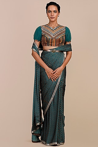Teal Green & Mustard Yellow Modal Satin Printed Saree Set by JJV.Kapurthala By JJ Valaya