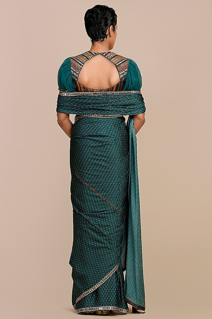 Teal Green & Mustard Yellow Modal Satin Printed Reception Saree Set by JJV.Kapurthala By JJ Valaya at Pernia's Pop Up Shop