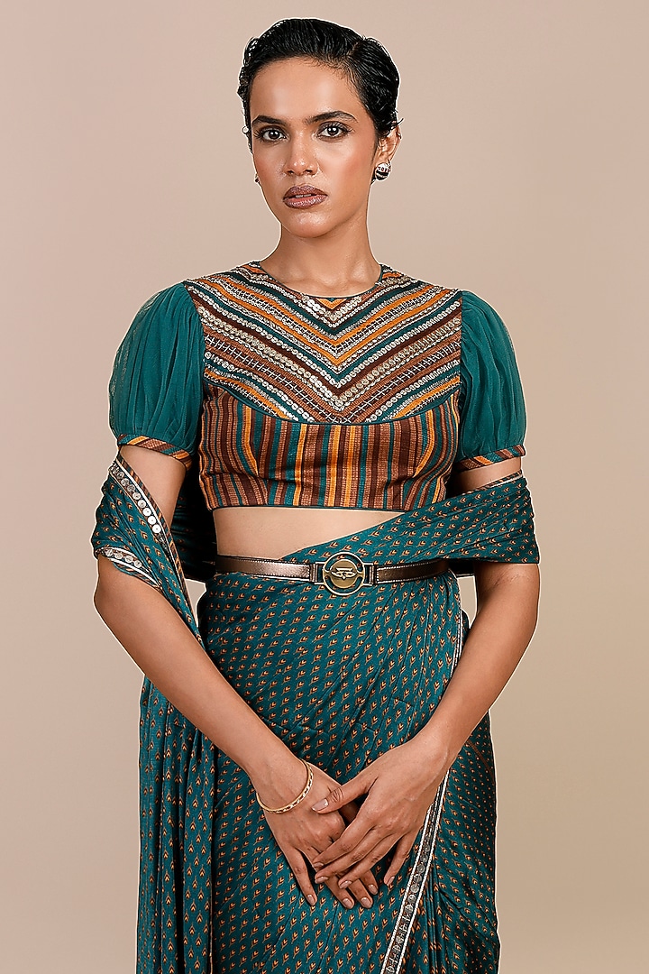 Teal Green & Mustard Yellow Modal Satin Printed Reception Saree Set by JJV.Kapurthala By JJ Valaya at Pernia's Pop Up Shop