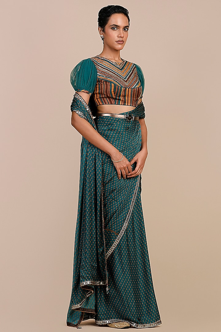 Teal Green & Mustard Yellow Modal Satin Printed Reception Saree Set by JJV.Kapurthala By JJ Valaya at Pernia's Pop Up Shop