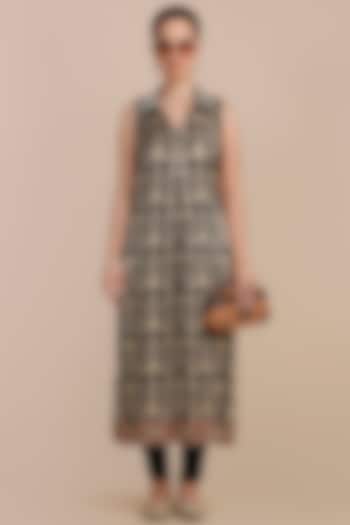 Midnight Blue Cotton Satin Linen Printed Tunic by JJV.Kapurthala By JJ Valaya at Pernia's Pop Up Shop