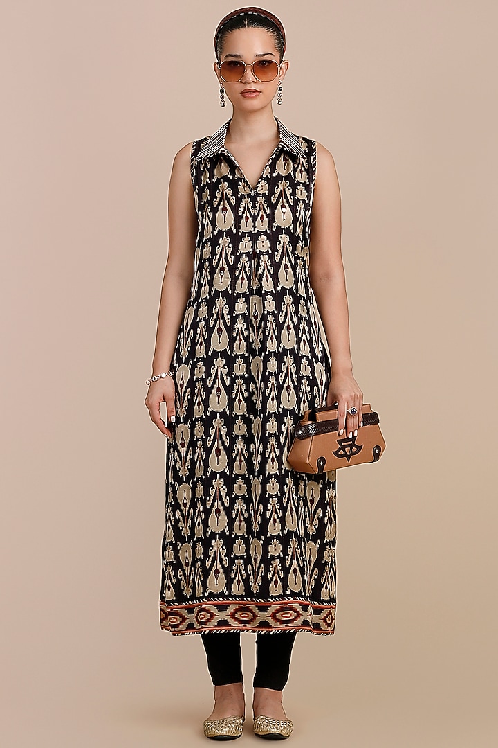 Midnight Blue Cotton Satin Linen Printed Tunic by JJV.Kapurthala By JJ Valaya at Pernia's Pop Up Shop
