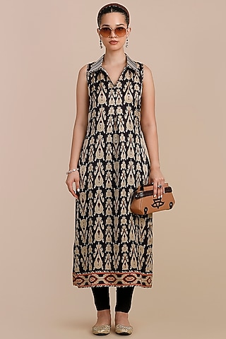 Midnight Blue Cotton Satin Linen Printed Tunic by JJV.Kapurthala By JJ Valaya