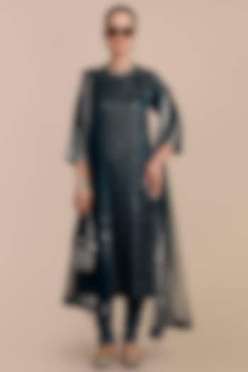 Prussian Blue Cotton Satin Linen Printed Tunic by JJV.Kapurthala By JJ Valaya at Pernia's Pop Up Shop