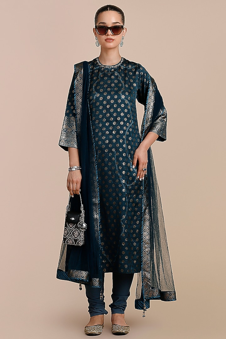Prussian Blue Cotton Satin Linen Printed Tunic by JJV.Kapurthala By JJ Valaya at Pernia's Pop Up Shop