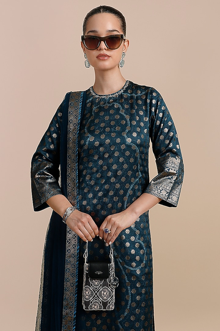 Prussian Blue Cotton Satin Linen Printed Tunic by JJV.Kapurthala By JJ Valaya at Pernia's Pop Up Shop